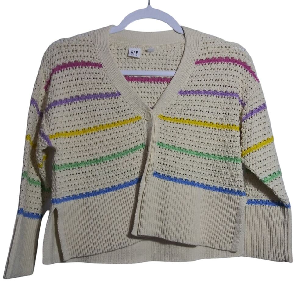 Gap Pointelle Cardigan Multi Stripe Cotton Spring Easter Button Front Size M